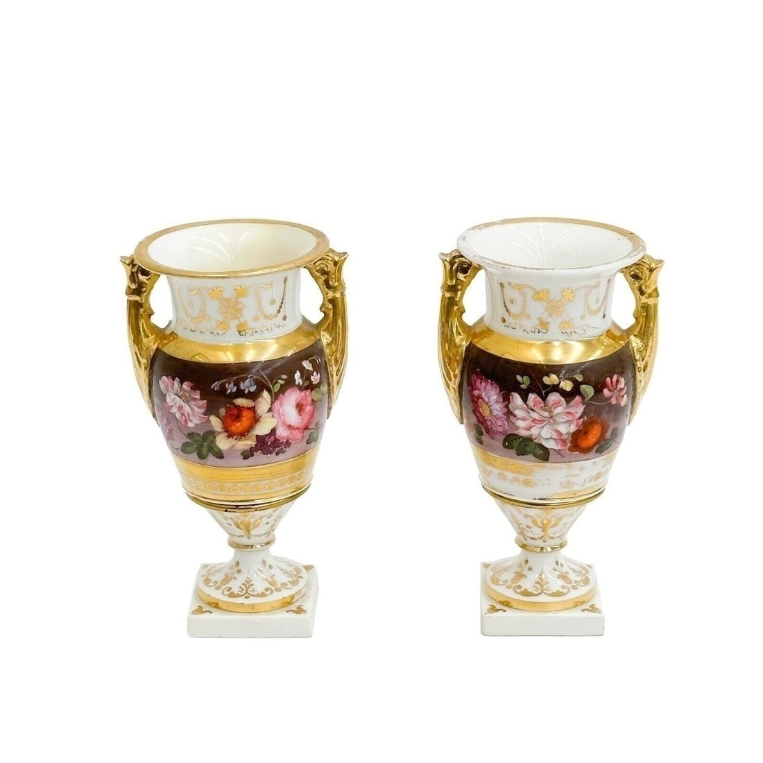 Pair English Derby Hand Painted Porcelain Urns Florals 19th century: Pair English Derby Hand Painted Porcelain Urns, 19th century. Florals to the center, gilt accents. Apparently unmarked Weight: Approx. 1.5 lbs Measurements: Approx. 3.5 inches x 3 inches x 6.125 inche