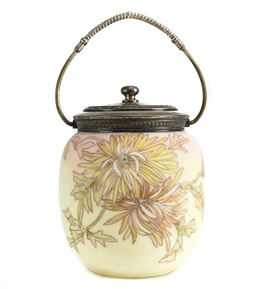 Crown Milano Art Glass Biscuit Jar Raised Hand Painted Enamel Floral, c1920: Crown Milano Art Glass Biscuit Jar Raised hand painted enamel floral, c1920. Silverplate lid and handle. Condition: Excellent condition, no chips or cracks, some signs of use, scuffs, surface marks, p