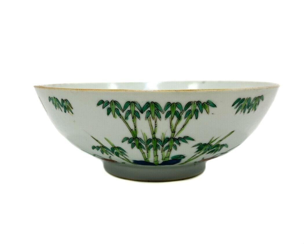 Chinese Porcelain and Enamel Bowl, Qing Dynasty, Daoguang Period: Fine Chinese porcelain bowl with enamel bamboo decorations with inscriptions. Endless knot mark, Daoguang Period 1821-1850 of the Qing Dynasty 1644-1911. Weight Approx., 1 lbs Measures Approx., 6.5 in