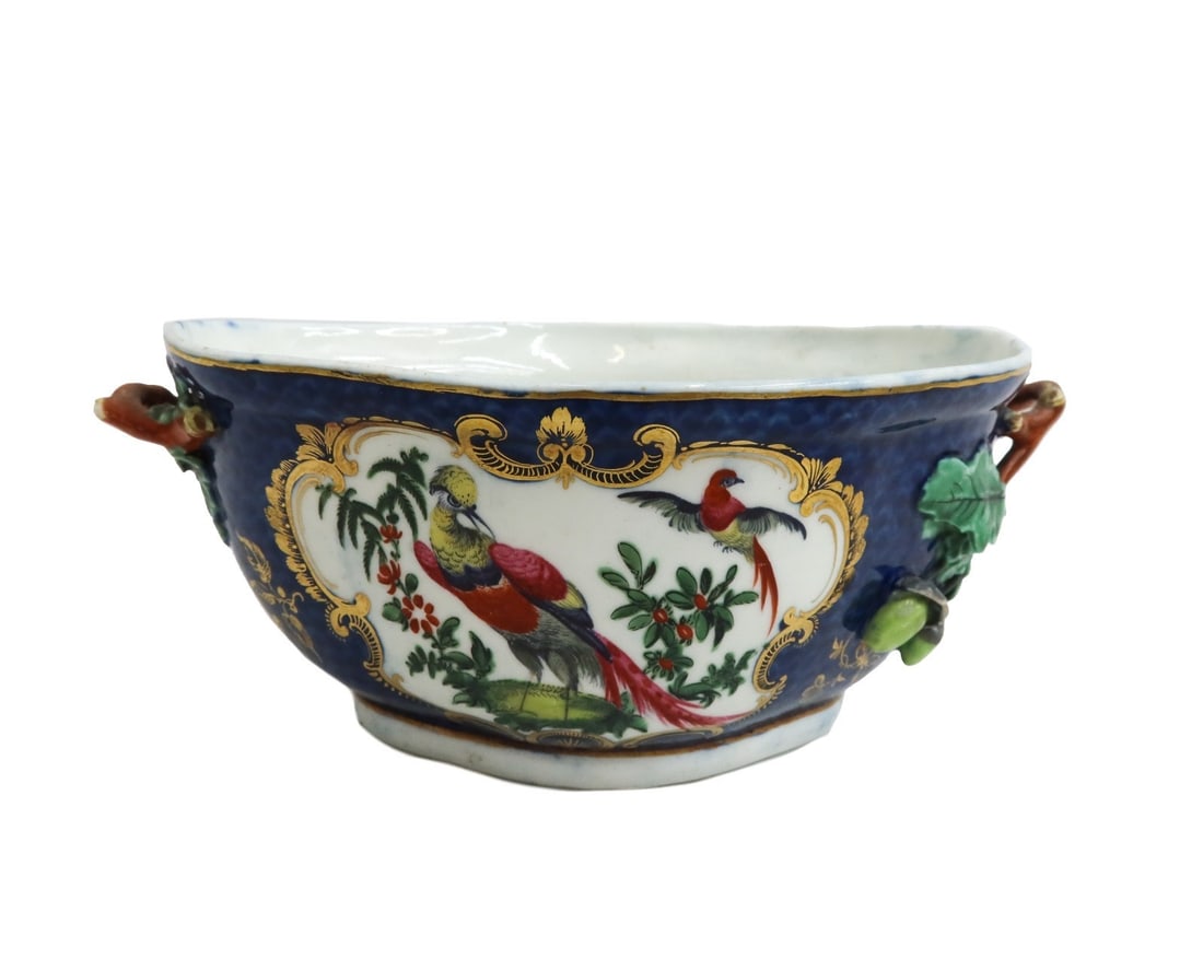 Royal Worcester England Porcelain Twin Handled Bowl Exotic Birds circa 1770: Royal Worcester England Porcelain twin handled bowl exotic birds circa 1770. Blue scale ground with gilt accents and hand painted exotic birds. Branches to twin handles. Royal Worcester blue fret mark
