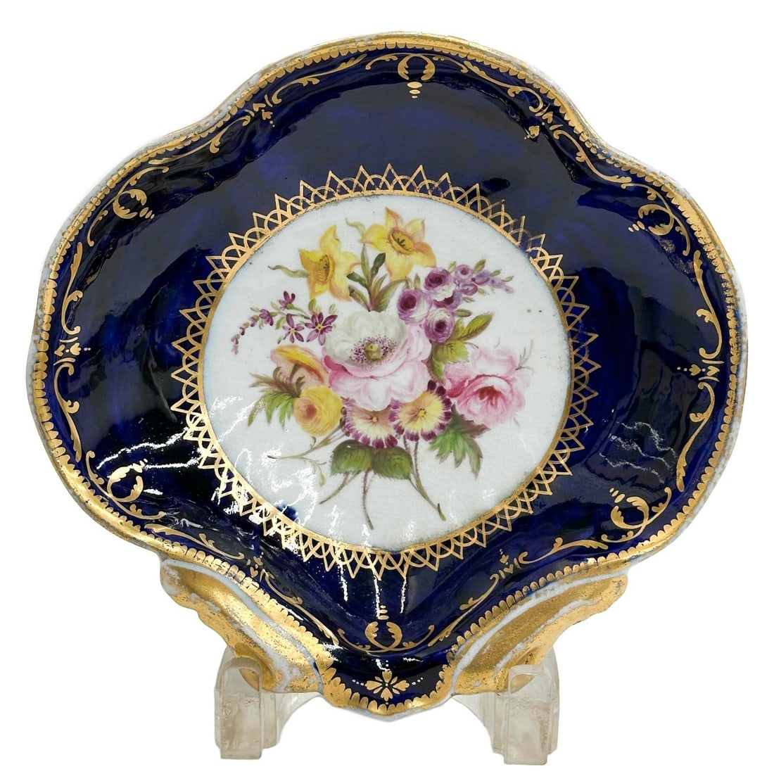 Coalport English Hand Painted Porcelain Dish Florals Cobalt Blue c1920: Hand Painted Porcelain Shell form dish, circa 1820. A cobalt blue ground with gilt accents, hand painted floral bouquet to center. Apparently unmarked, attributed to Coalport. Weight: Approx. 1 lb Mea