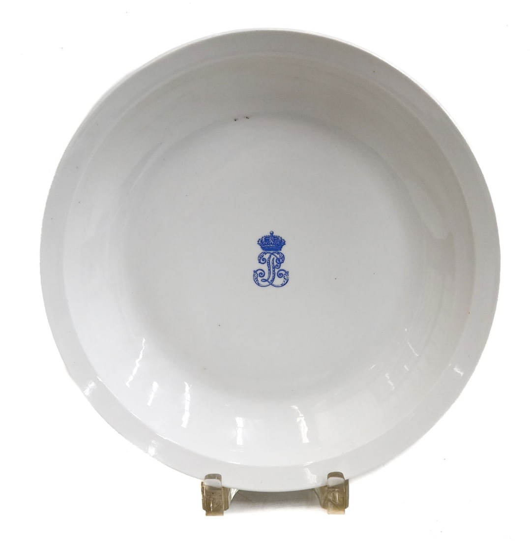 Manufacture de Sevres Service of the Officers for King Louis Philippe for Chateau D'Eu Deep Well: Manufacture de Sevres Service of the Officers for King Louis Philippe for Chateau D'Eu Deep Well Serving Dish 1845. White ground with stylized blue Louis Philippe monogram to center beneath crown. Und