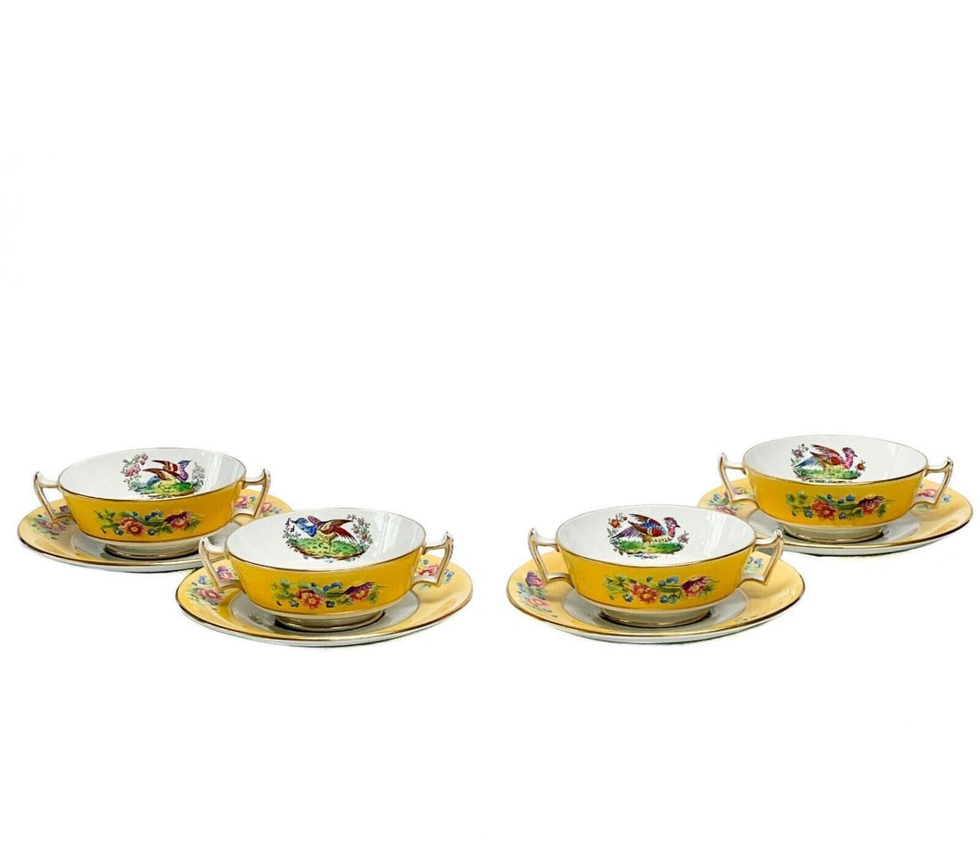 4 Copeland Spode Relief Florals Porcelain Bouillon Bowls & Underplates Yellow (1 of 9)