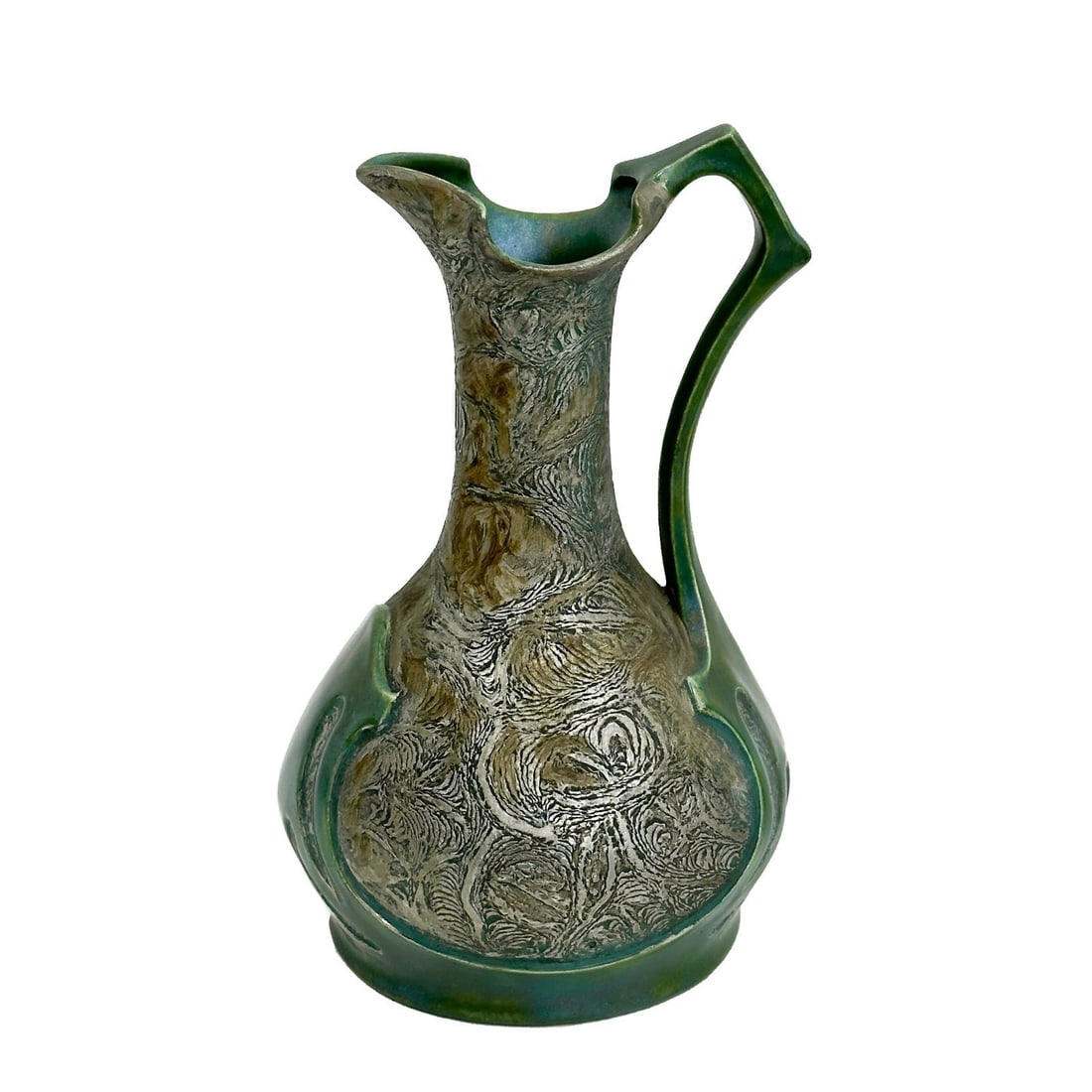 Karthago Austria Pottery Carafe Pitcher Jug Iridescent Green #19070: Karthago Austria Pottery Carafe Pitcher. Iridescent green finish with textured silver finish to the body. Underside marked Karthago Made in Austria 19070 Weight: Approx. 1 lb Measurements: Approx. 5.2