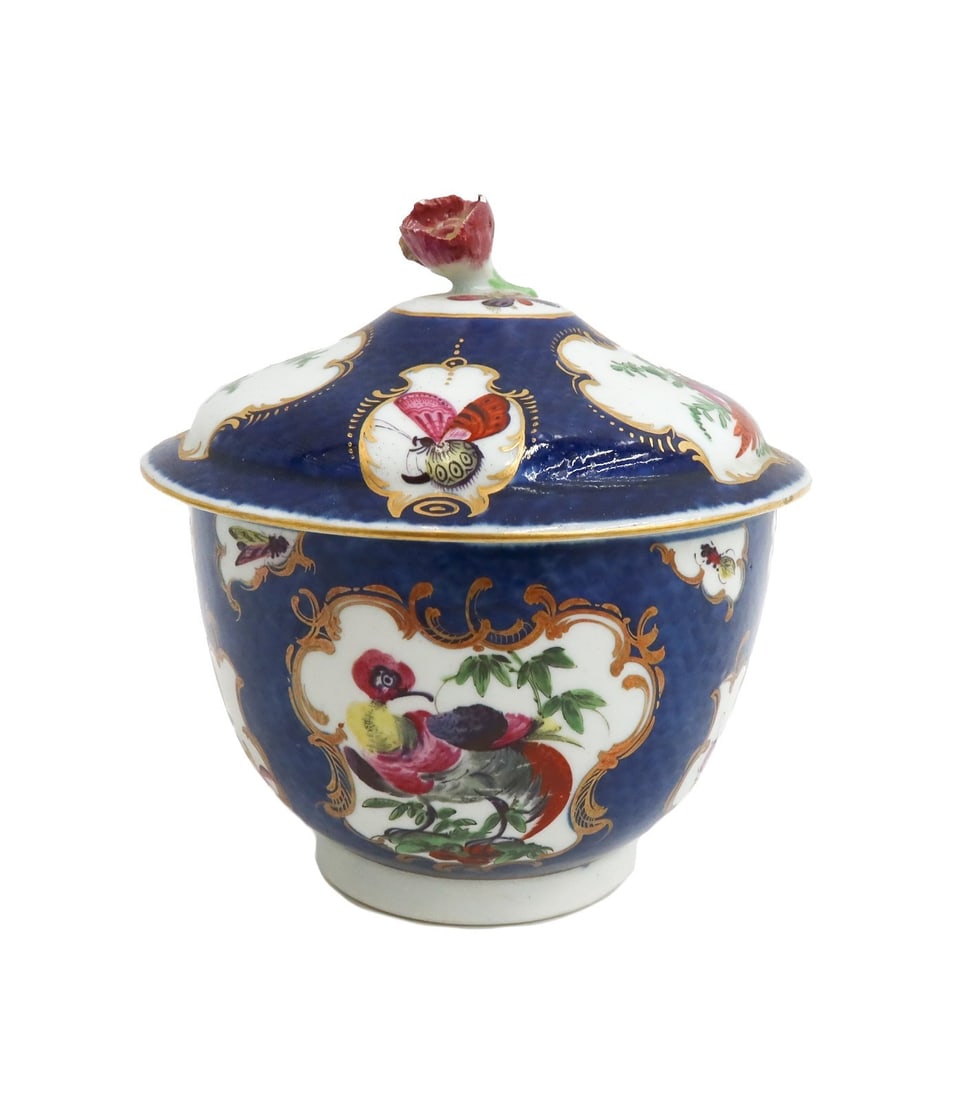 Royal Worcester England Porcelain Blue Scale Exotic Birds Sugar Bowl circa 1770: Royal Worcester England porcelain blue scale exotic birds sugar bowl, circa 1770. Blue scale ground with gilt accents and hand painted exotic birds. Royal Worcester blue fret mark to underside. Weight