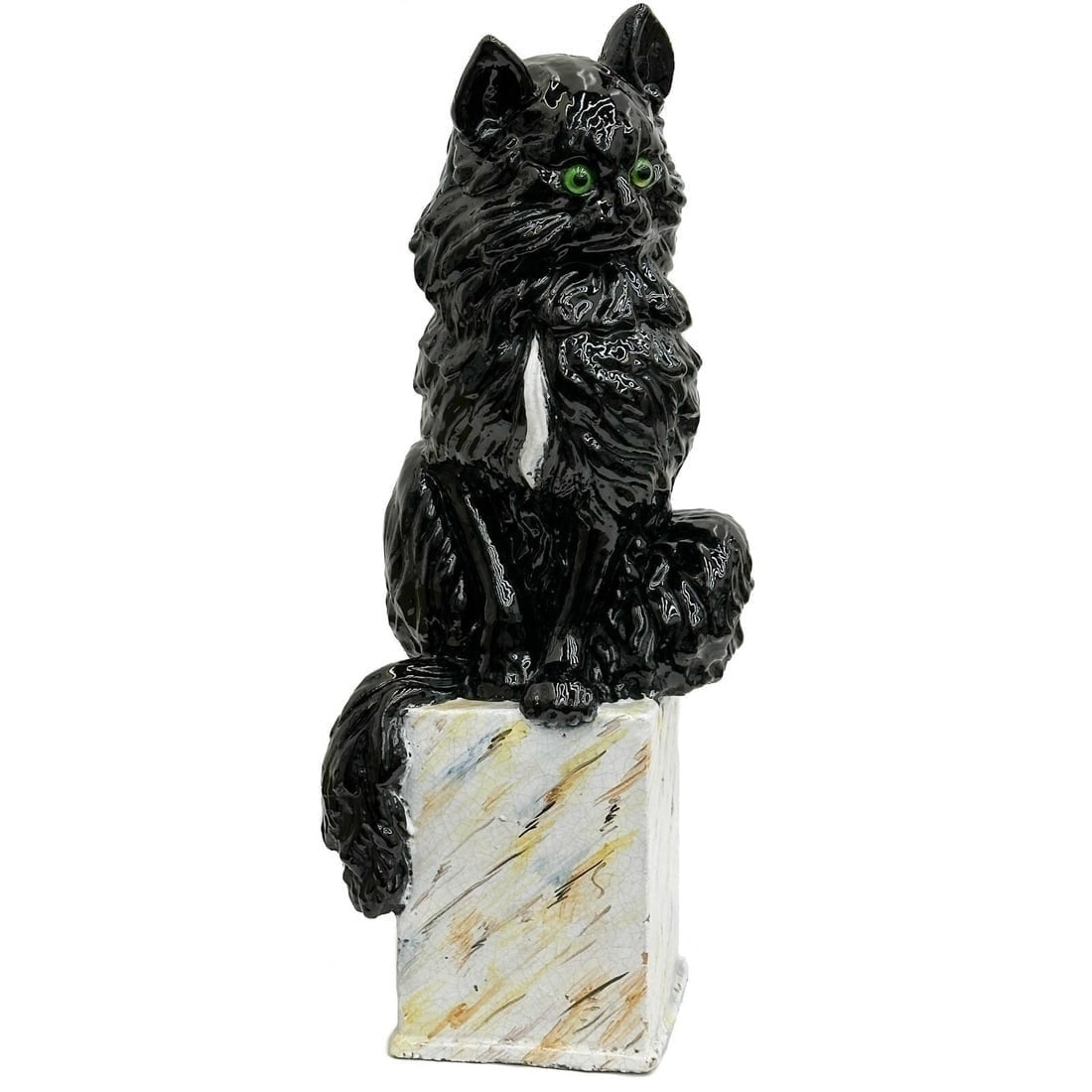 Emile Galle Nancy Faience Porcelain Large Black Cat Sculpture 19th cen Signed: Emile Galle Nancy France Faience Porcelain Sculpture, 19th century. Depicts a black cat with white chest stripe and green glass eyes seated on a faux marble rectangular base. Artist signed to interior