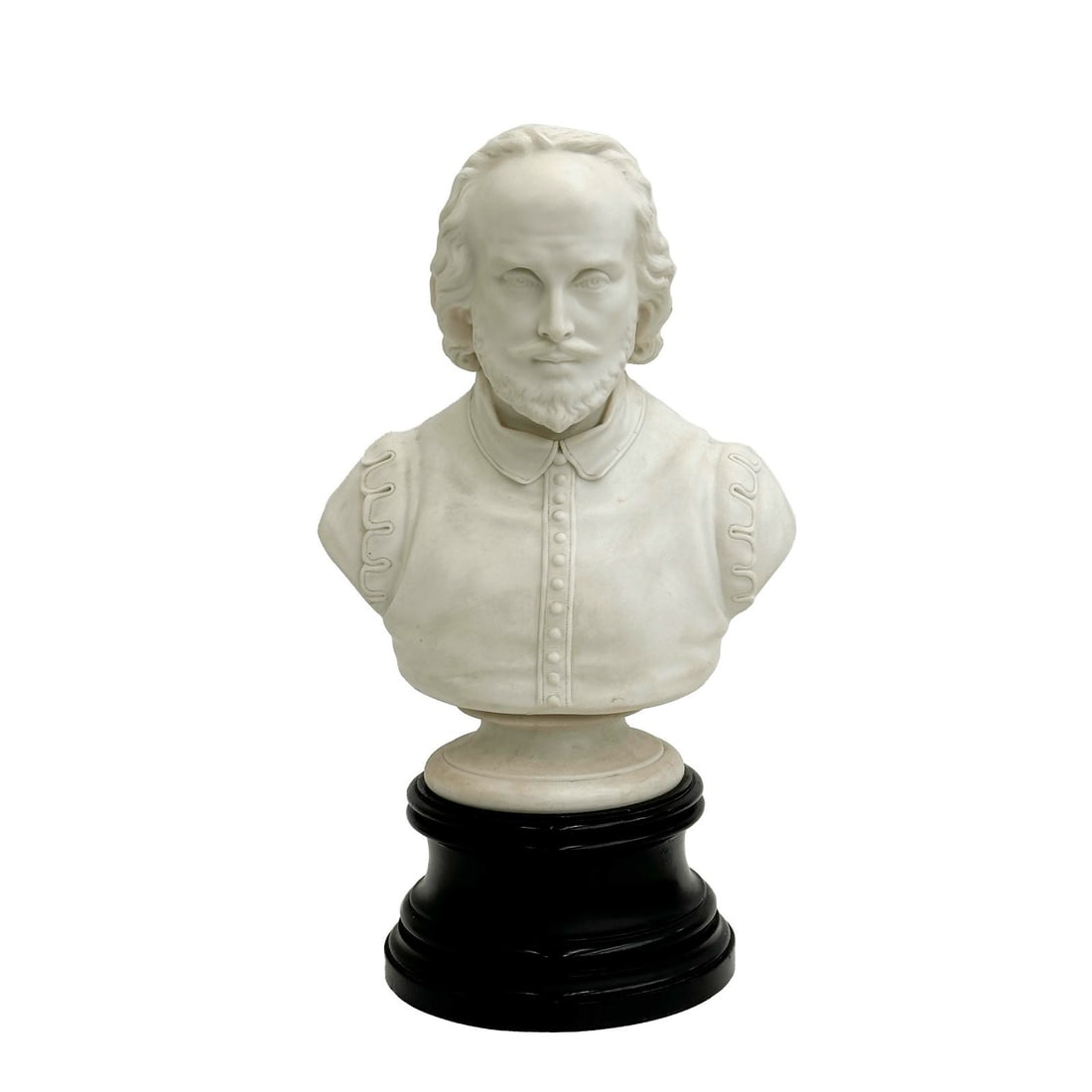 Wedgwood England Bisque Porcelain Memorial Bust of William Shakespeare: Wedgwood England Bisque Porcelain Memorial Bust of William Shakespeare. Portrait bust of William Shakespeare mounted on a dark wood base. Back of shoulders marked FM Miller Sc. The Shakespeare Memoria