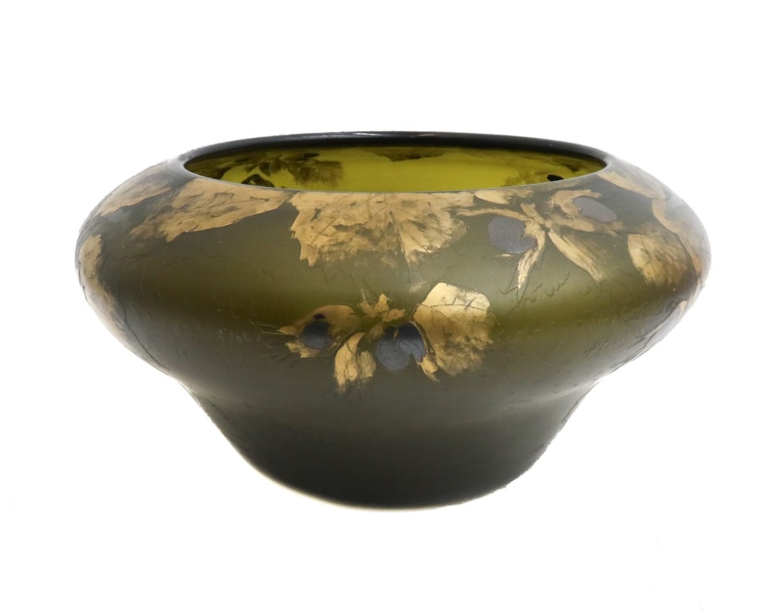 Legras France Acid Etched Cameo Art Glass Green and Gilt Vase Signed: Legras France acid etched cameo art glass vase, signed, first half 20th century. An olive green ground with gold overlay etched leaves throughout. Signed Legras. Weight: Approx. 6 lb Measurements: App