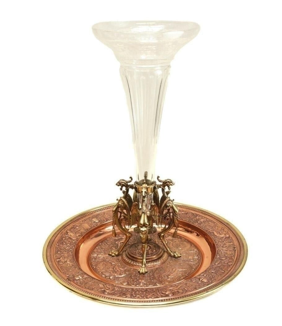 Continental Gilt Bronze & Glass Centerpiece Tray: Large Continental neoclassical gilt bronze & cut glass centerpiece tray, circa 1920. Ornately hand chased Neoclassical figures throughout the tray. Figural griffons to the center. A detached fluted cu