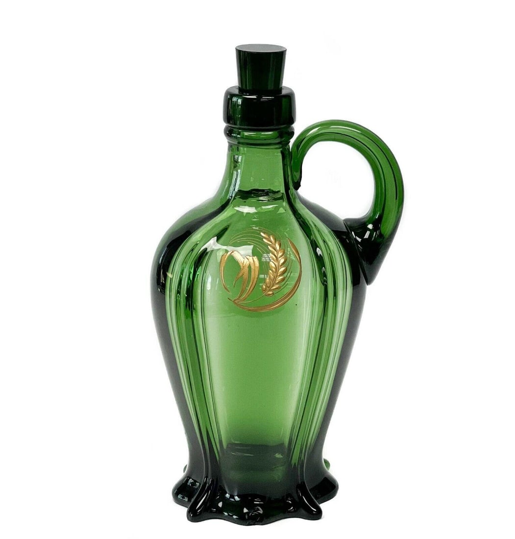 Hand Blown Green Glass Whiskey Jug Decanter, early 20th century (1 of 5)