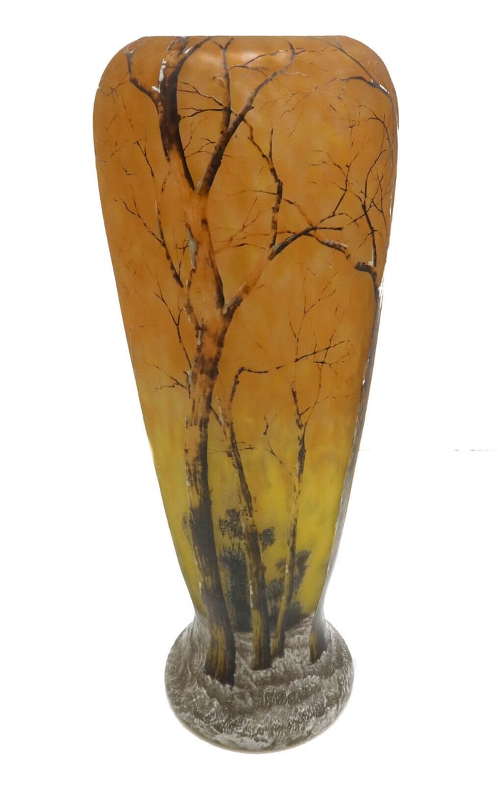 Daum Nancy Art Glass Hiver Winter Tree Scene Vase: Daum Nancy Art Glass Hiver Winter Tree Scene Vase.Mottled Yellow and Orange ground with winter trees in a forest. Circa 1900. Signed "Daum Nancy" to underside. Weight Approx., 7.2 lbs Measures Approx.