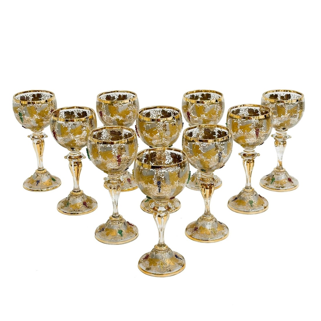 10 Moser Gilt Enameled Grapes Glass Wine Goblets late 19th/early 20th cen: 10 Glass Wine Goblets, late 19th/early 20th century. Clear glass goblets with gilt and silvered grapevine decoration, raised multicolor enameled grape clusters throughout. Unmarked, attributed to Mose