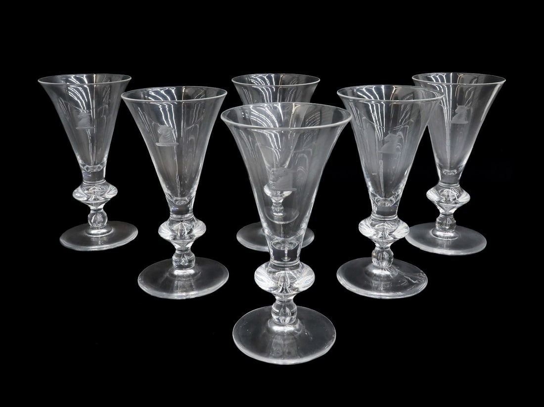 6 Steuben Art Glass Water Goblets in #7737 Heraldic Emblem Signed (1 of 8)