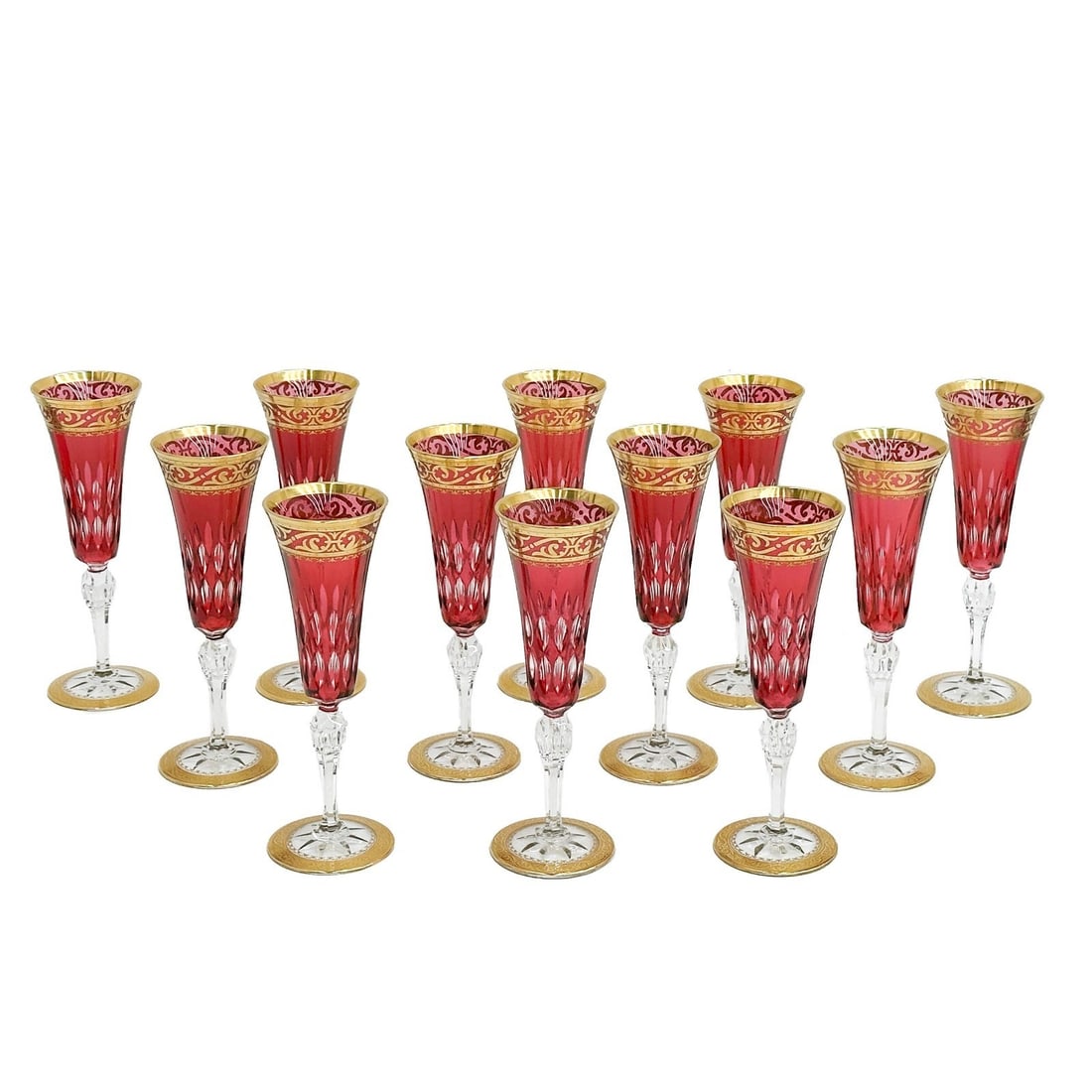 12 Saint (St.) Louis France Red Cut to Clear Glass Champagne Flutes Stella Gold (1 of 8)