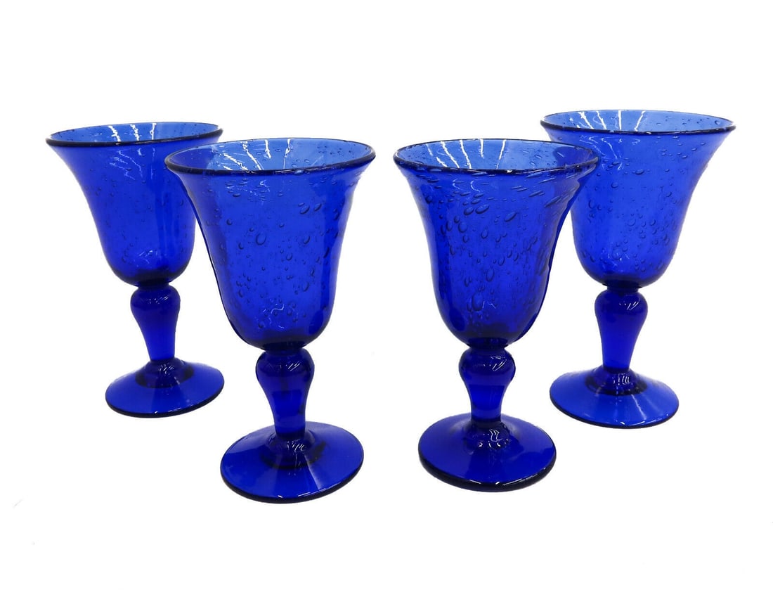4 French Blown Controlled Bubble Wine Glass Goblets 20th Century: 4 French blown controlled bubble wine glass goblets, 20th Century. Signed Biot to pontil underside. Weight:approx. 4 lbs Measurements: Approx. 3.75 inches diameter x 6.25 inches tall Condition: Great 