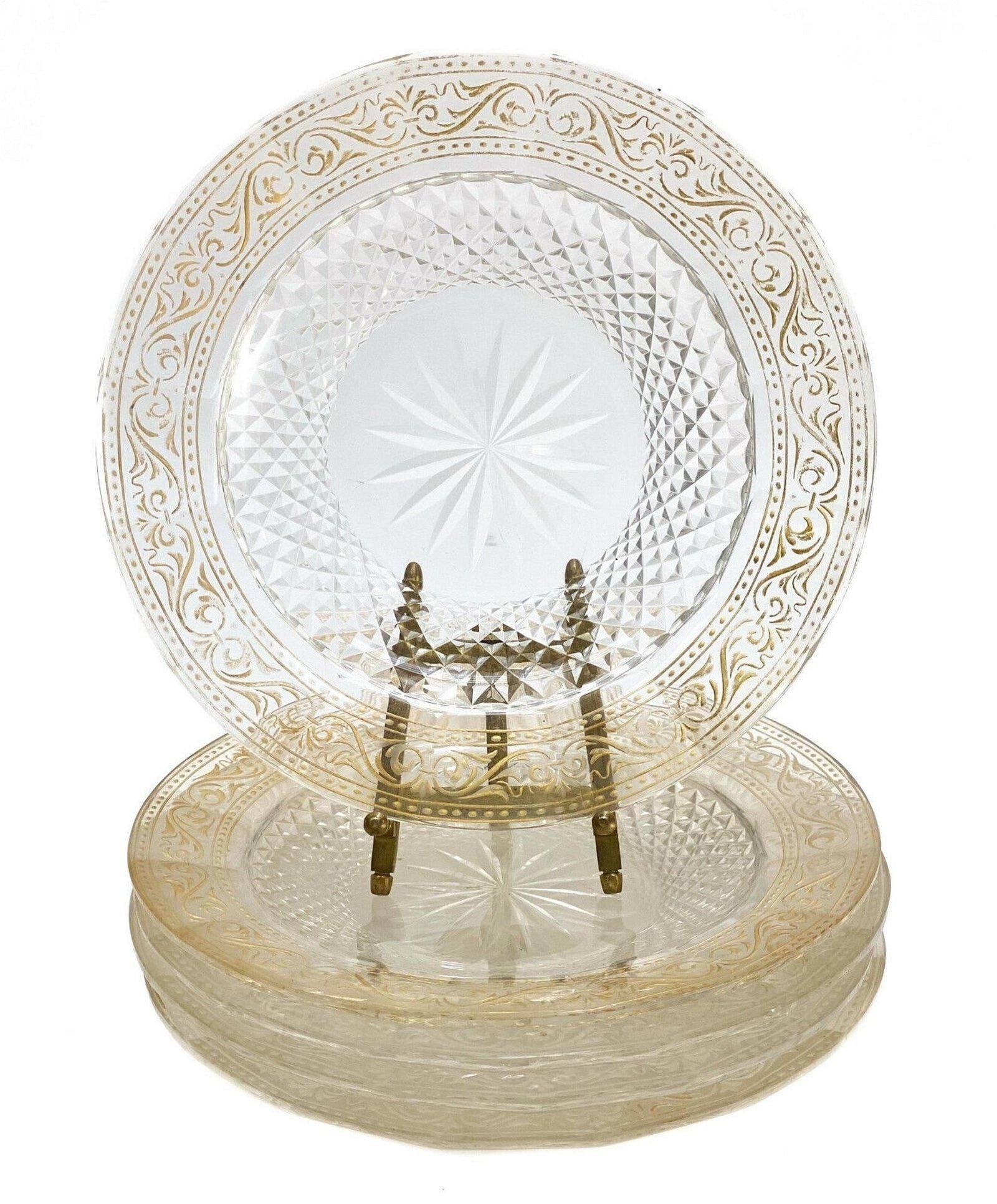 5 Continental Gilt Etched Glass Dessert Plates, Etched Leaves & Foliate Scrolls: 5 Continental gilt etched glass dessert plates. Etched leaves and foliate scrolls around the rim. Diamond textured to the the inner rim. Weight Approx., 4 lbs Measures Approx., 7.75 inches diameter. D