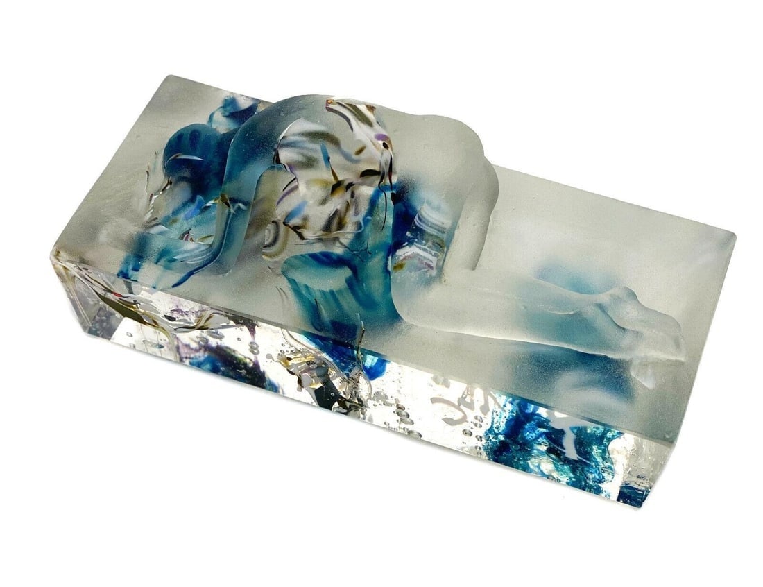 Wendy Taylor Art Glass Frosted Molten Nude Beauty Glass Sculpture, 1989 Signed: Wendy Taylor (United Kingdom 20th Century) art glass molten sculpture, 1989. The sculpture depicts a nude female beauty laying on her side infused with the base from the molten color bursts. Artist si