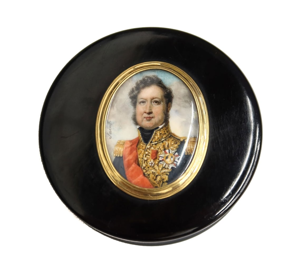 18k gold mounted snuff box with portrait of King Louis Phillip by Saint Daniel: 18k gold mounted snuff box with portrait of King Louis Phillip by Saint Daniel. Signed Saint. Louis Philippe by SAINT Measures Approx., 3.1 inches diameter x 0.75 inches /Portrait measures 1.75" x 1.2