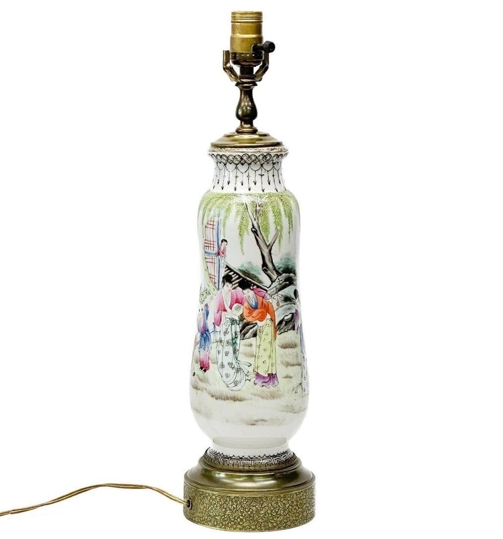 Chinese Hand Painted Porcelain Vase Mounted as a Lamp, Seal Mark: Chinese Hand Painted Porcelain Lamp. Hand painted porcelain vase with scenes of figures to the sides. Gilt bronze mounts, floral decoration to the base. Seal mark to the side. Tested with light bulbs 