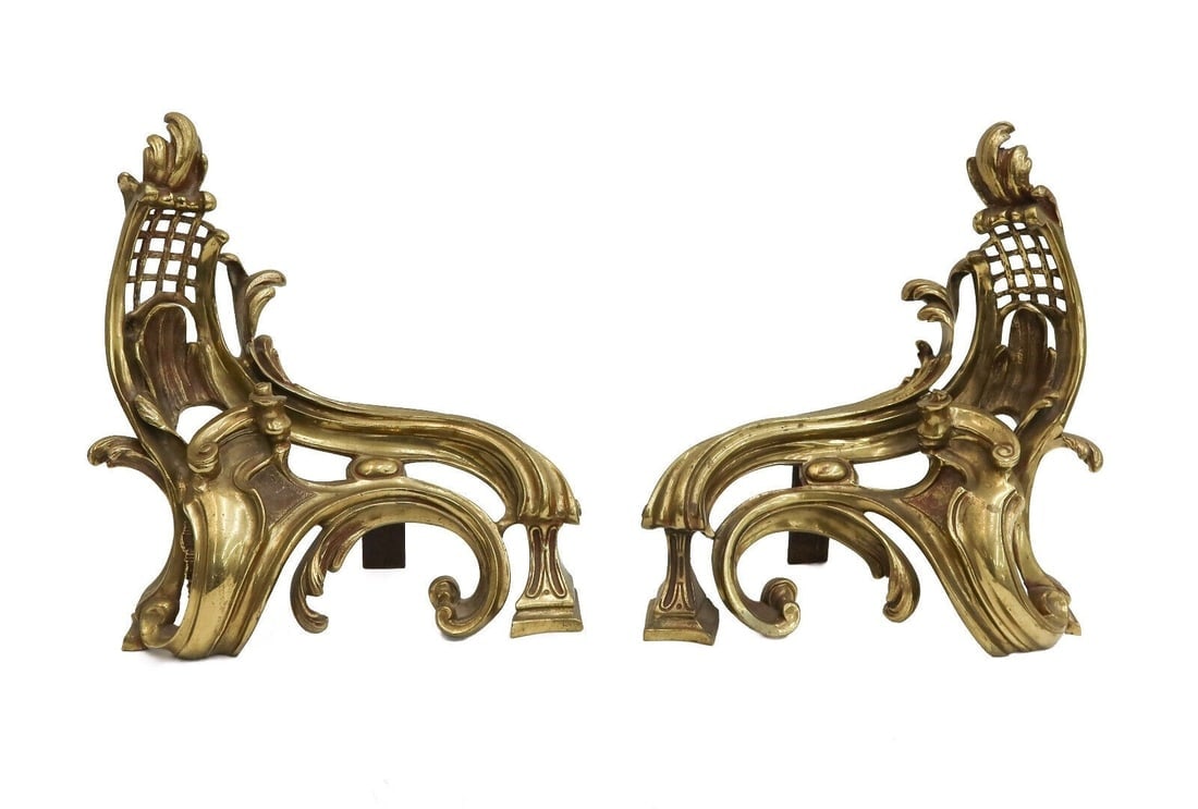 Pair French Gilt Bronze Baroque Andirons circa 1900: Pair French Gilt Bronze Baroque Andirons, circa 1900. Scroll leaves. Weight: Approx. 10 lbs Measurements: Approx. 11 inches x 5 inches x 12 inches tall Condition: Very good condition. Light surface we