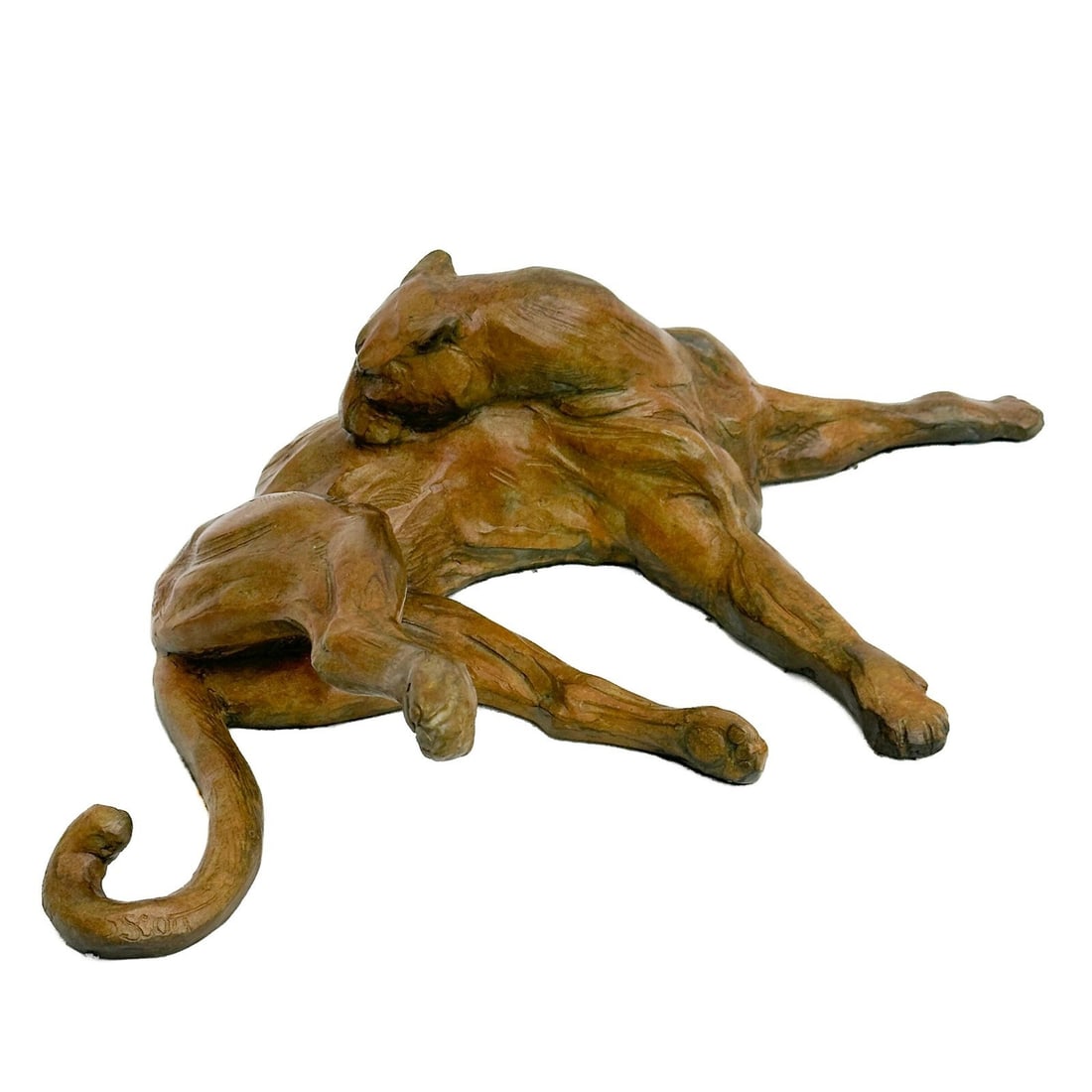 Sandy Scott Cold Painted Bronze Sculpture Cougar at Ease Ltd Ed/100: Sandy Scott (American b. 1943) Cold painted Bronze Sculpture "Cougar at Ease" Limited Edition of 100. Tail signed S Scott. Weight:approx. 7 lbs Measurements: Approx. 16.5 inches x 10 inches x 4 inches