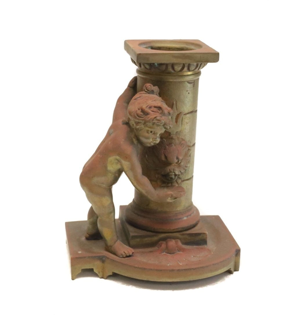 Continental Gilt Bronze Cherub Bud Vase, circa 1900. Cherub & Water Well: Continental Gilt Bronze cherub bud vase, circa 1900. The figurine depicts a cherub getting water from a well. Weight: Approx. 1 lb Measurements: Approx. 5.25" x 3.75" x 2.75" Condition: Very good cond