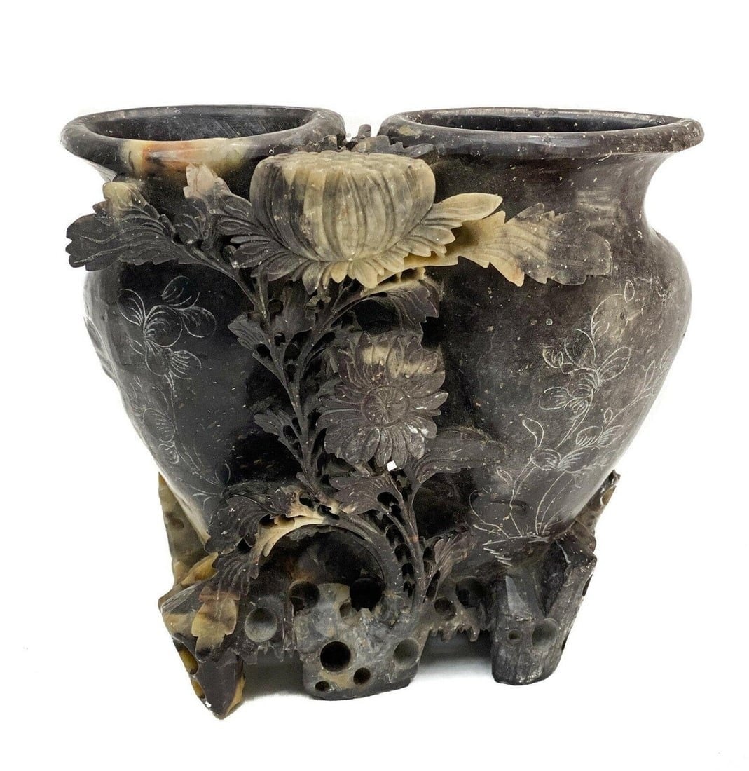 Chinese Carved and Engraved Black Stone Double Vase: Chinese carved and engraved black stone double vase, 20th Century. Engraved flowers to the exterior with applied flowers to the center. Weight Approx., 1045 grams Measures Approx., 6 inches x 2.5 inch