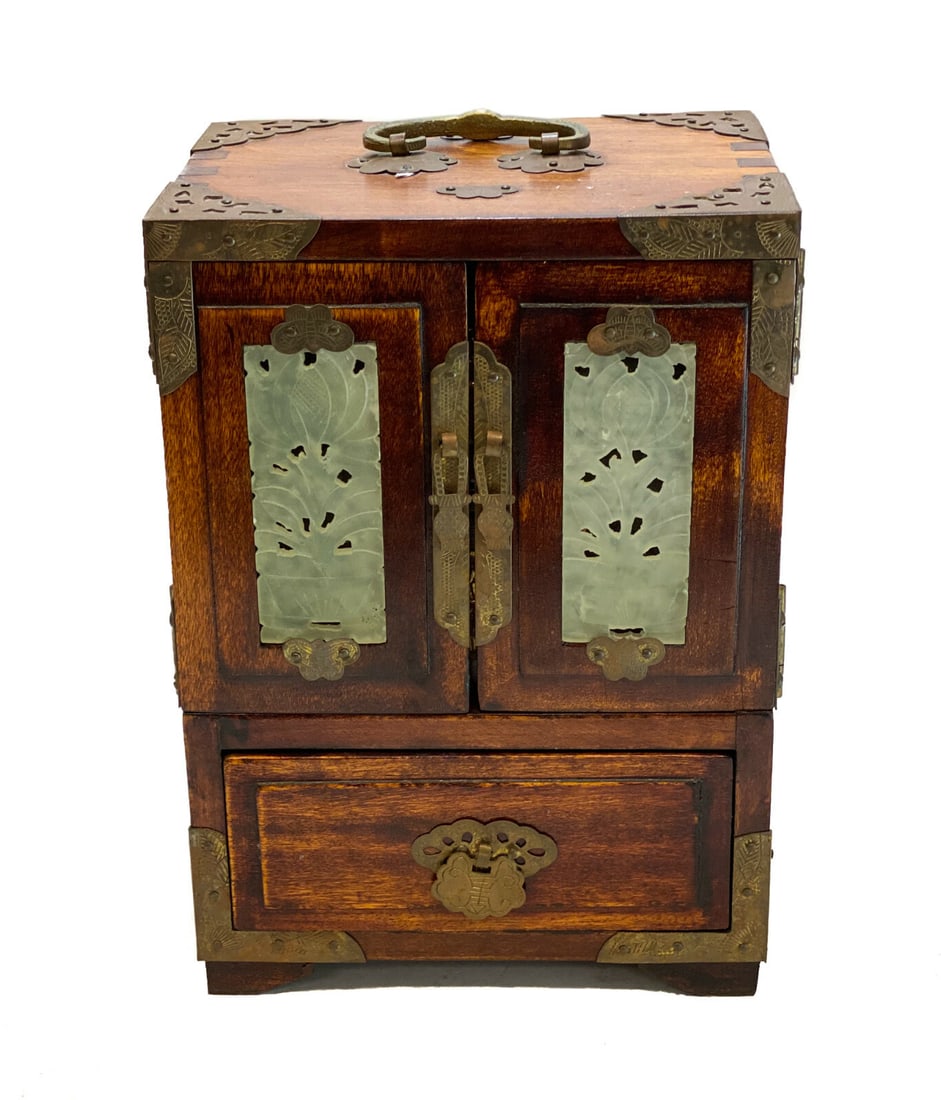 Vintage Chinese Wood & Jade Inlay Jewelry Dresser Box: Vintage Chinese wood & jade inlay jewelry dresser box. Figural leaves to the jade inlays to the front doors of the box. Red fabric interior. Weight Approx., 2 lbs Measures Approx., 6 inches x 4.25 x 8