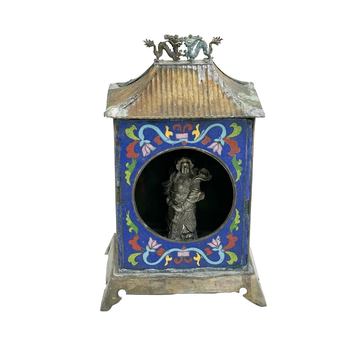 Chinese Cloisonne Enamel Mounted Metal Figure Shrine Box c1900: Chinese Cloisonne Enamel Mounted Metal Ancestor Figure in Shrine Box, circa 1900 Weight: Approx. 1 lb Measurements: Approx. 4.25 inches x 3.25 inches x 6.75 inches tall Condition: corrosion to metal, 