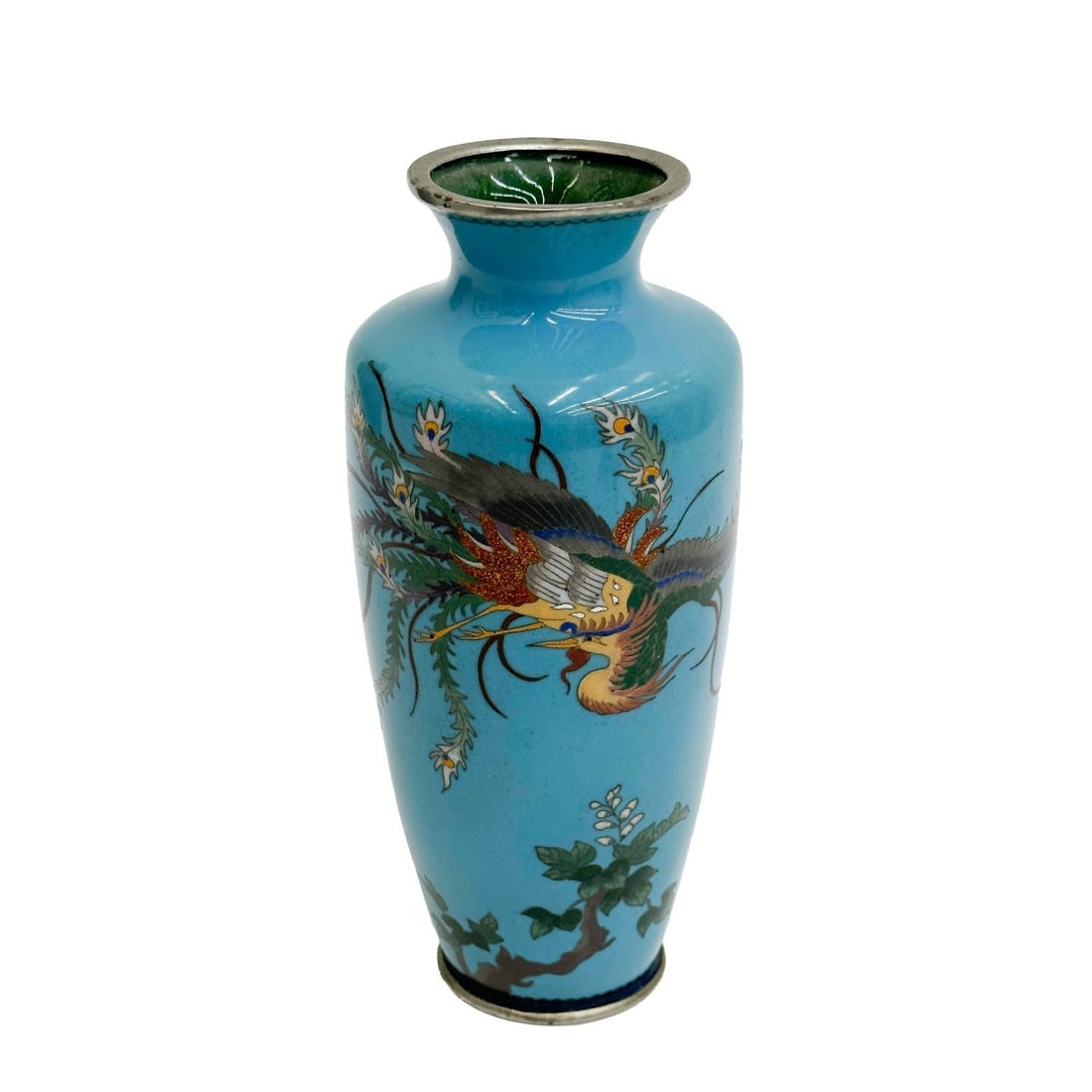 Japanese Cloisonne Enamel Bronze 7 inch Vase Phoenix Ho-o Bird Meiji Period: Japanese Cloisonne Enamel Bronze Vase, Meiji Period. A blue ground with cloisonne enamel Phoenix Ho-o bird to center. Weight: Approx. .5 lb Measurements: Approx. 3 inches diameter x 7.125 inches tall 