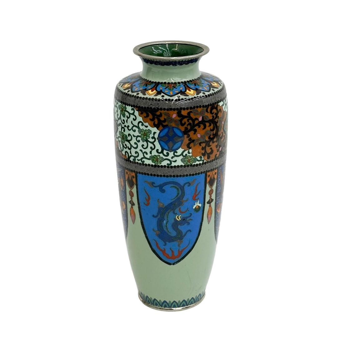 Japanese Cloisonne Enamel Bronze 9.5 inch Vase Meiji Period: Japanese Cloisonne Enamel Bronze Vase, Meiji Period. Enamel cloisonne decoration with florals, birds, and dragons. Weight: Approx. 1 lb Measurements: Approx. 4 inches diameter x 9.5 inches tall Domest
