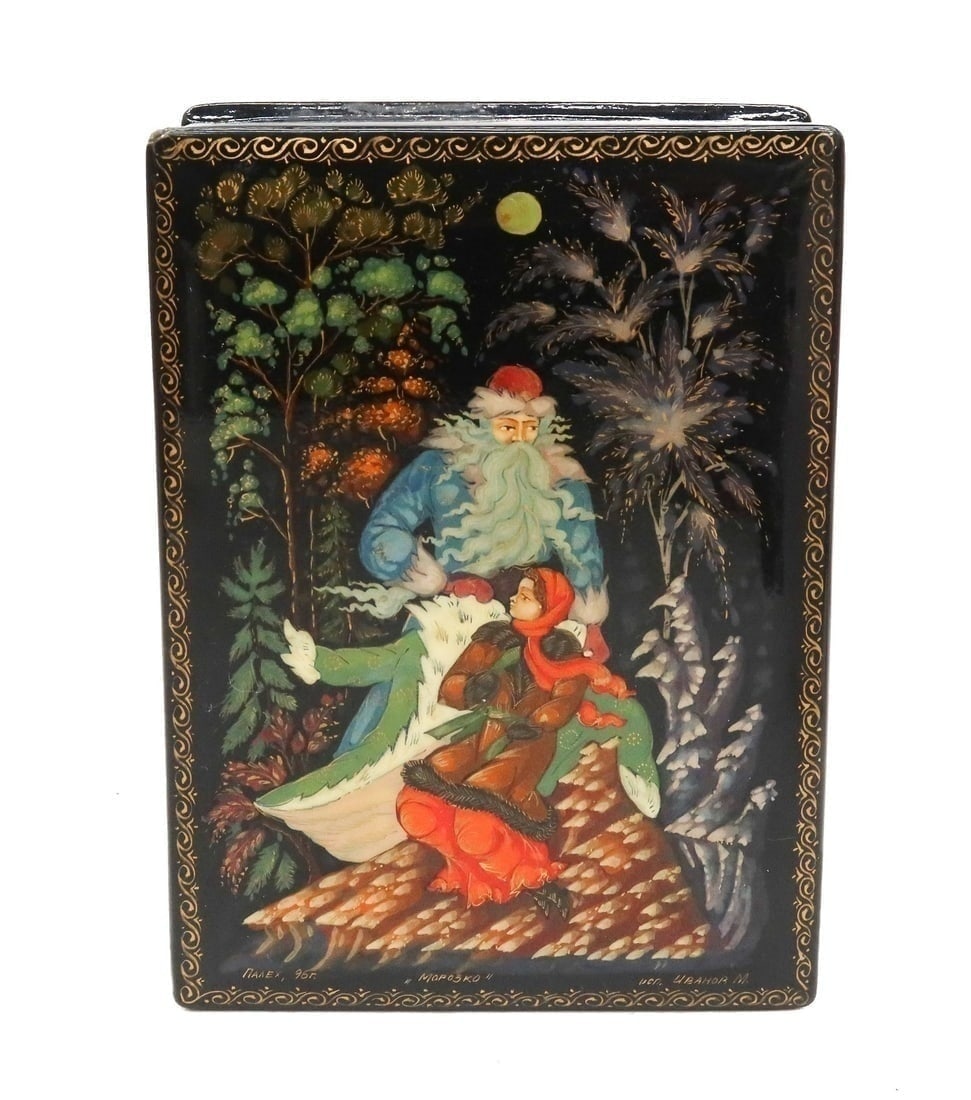 Russian Hand Painted Laquered Jewelry Box Jack Frost MOPO3KO. early 20th: Russian Hand Painted Laquered Jewelry Box Jack Frost MOPO3KO. The lid depicts Jack Frost and a child. Artist signed "Ubahor M" to edge. Weight Approx. 0.2 lb Measures Approx., 3.25 inches x 4.25 inche