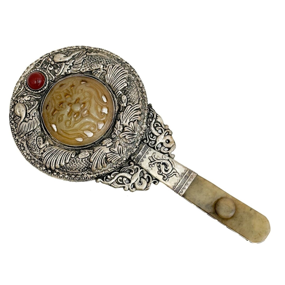 Chinese Carved Jade & Chrysoprase White Metal Hand Mirror 1st half 20th cen: Chinese Carved Jade & Chrysoprase White Metal Hand Mirror 1st half 20th century, belt hook possibly older. Handle stone tests for jade, round inset area tests for Chrysoprase. Jewel is probably glass.