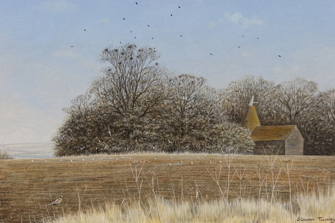 Simon Turvey (British 20th Century) Gouache on Paper Landscape Signed: Simon Turvey (British 20th Century) Gouache on Paper Landscape, Signed. The painting depicts an autumn countryside landscape of a church surrounded by trees. Artist signed Simon Turvey to lower
