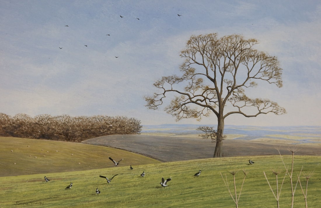 Simon Turvey (British 20th Century) Gouache on Paper Landscape Signed: Simon Turvey (British 20th Century) Gouache on Paper Landscape, Signed. The painting depicts a spring countryside landscape. Artist signed Simon Turvey to lower left. Weight: Approx. 0.5 lbs