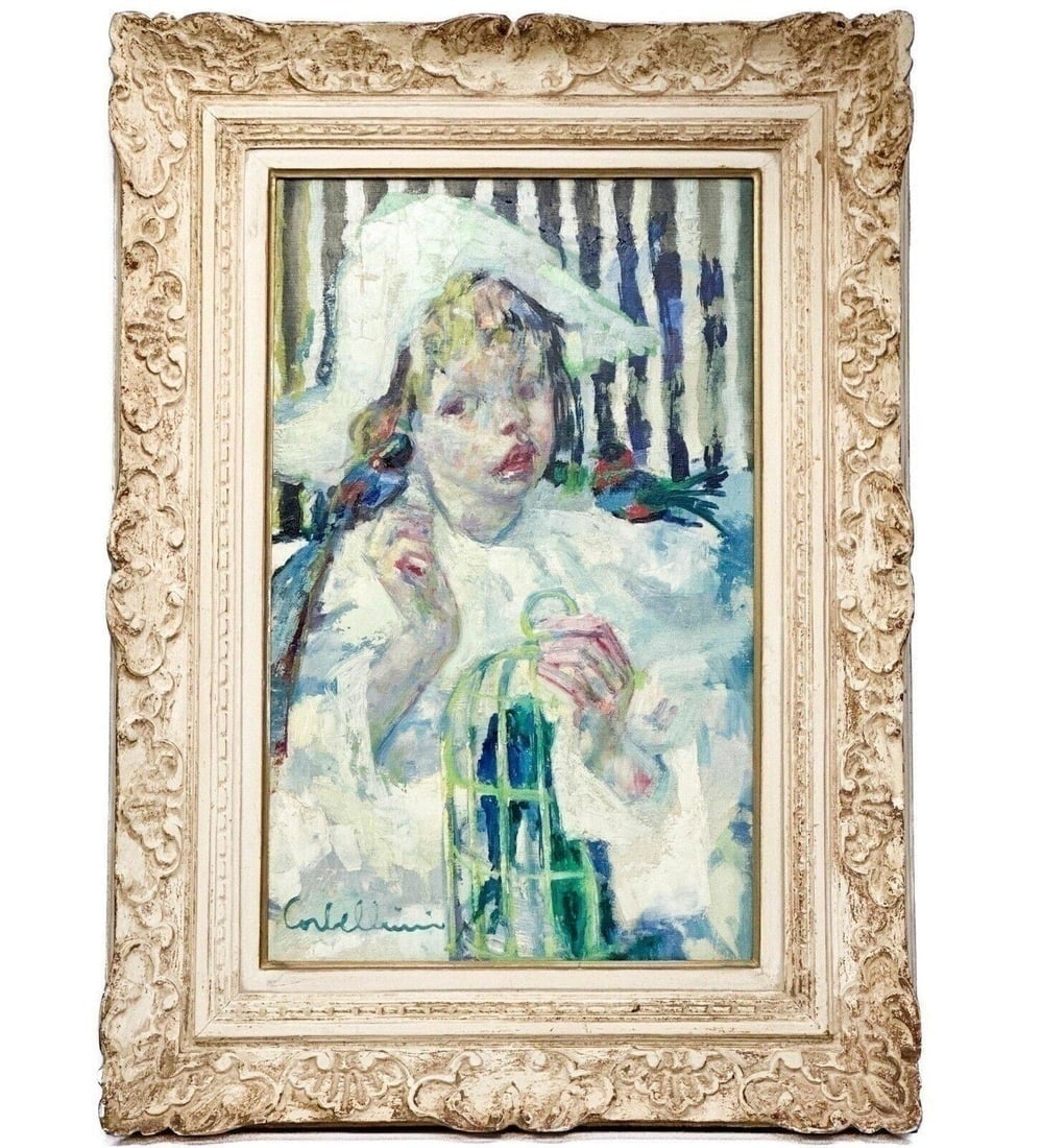 Luigi Corbellini (French/Italian 1901-1968) "Le Petit Oiseau" Oil on Canvas: Luigi Corbellini (French / Italian 1901-1968) oil painting on canvas "Le Petit Oiseau." Oil painting on canvas depicting a child with birds and a birdcage. Artist signed to the lower edge. Mounted in