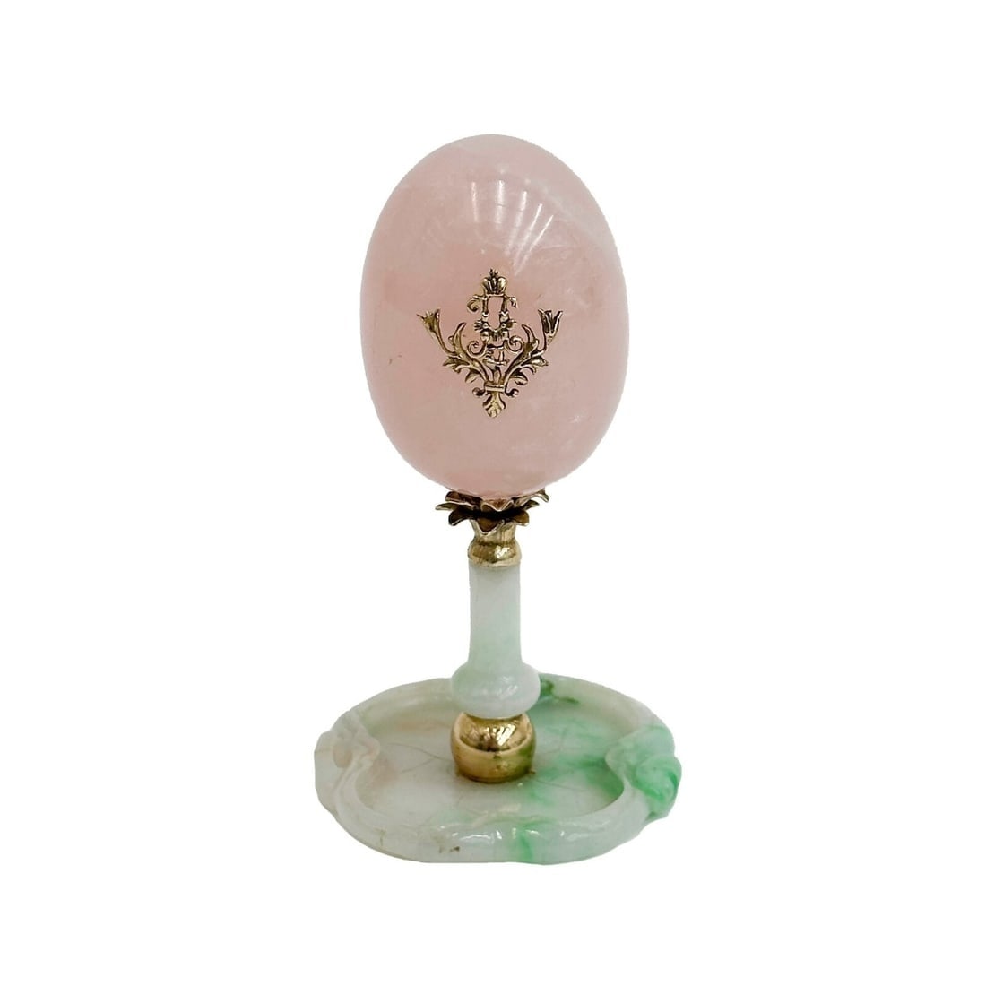 Russian 18k Gold Jadeite Jade and Rose Quartz Carved Egg c1900: 18k gold Jadeite and rose quartz carved egg, circa 1900. Carved jadeite base modeled as a lily pad, 14k gold ball, jade stem, 18k palmette supporting a carved rose quartz egg mounted with 18k Russian 