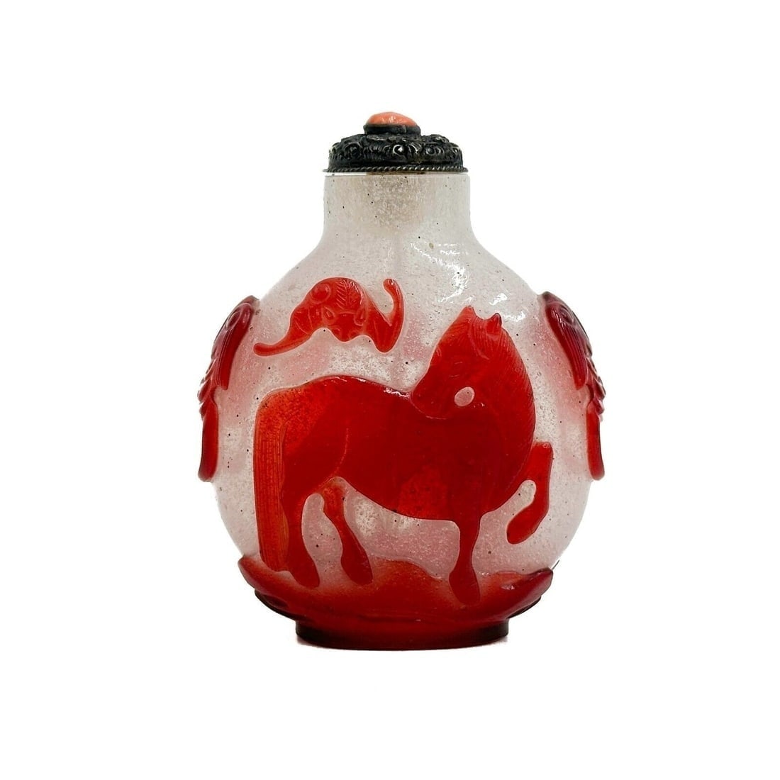Chinese Carved Red & White Peking Glass Snuff Bottle Horses c 1760: Chinese carved Red & White Peking Glass Snuff Bottle. Bubble-suffused ground, applied craved red decoration of horses and bats. Silver stopper with coral cabochon to top. Stopper marked Silver with ot