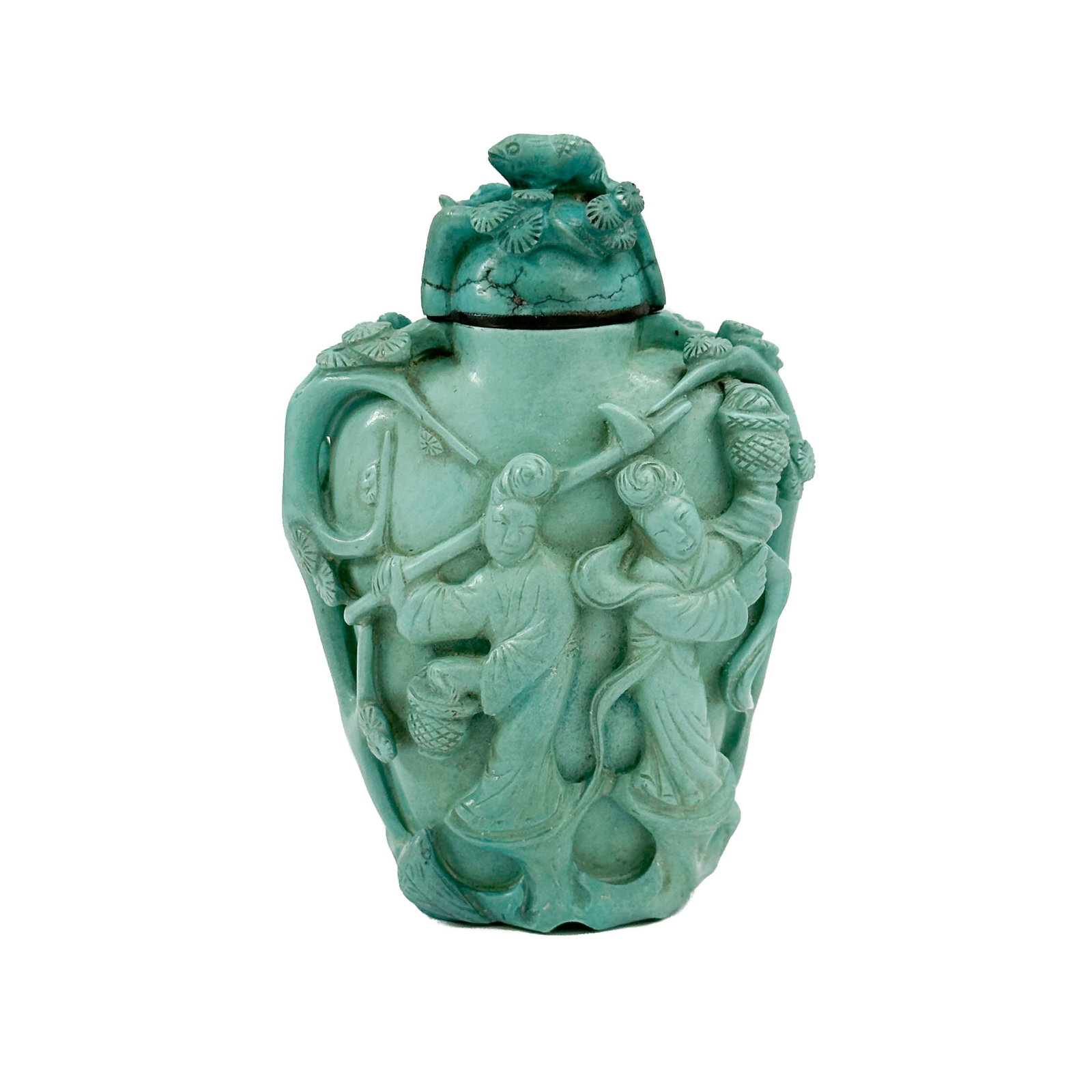 Chinese Hand Carved Turquoise Stone Snuff Bottle: Chinese Hand Carved Turquoise stone snuff bottle. Hand carved figures and plants to the body. Weight Approx., 120 grams Measures Approx., 2.125 inches x 1.125 inches x 3.25 inches Domestic Shipping:$2