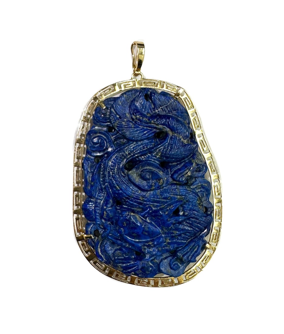 RG 14k Yellow Gold and Lapis Lazuli Pendant Pin: RG 14k Yellow Gold and Lapis Lazuli Pendant Pin. Carved birds and flowers to the Lapis Lazuli. Greek key border to frame. Marked 14k to hook with maker mark "RG". Weight Approx., 35.73 grams Measures 