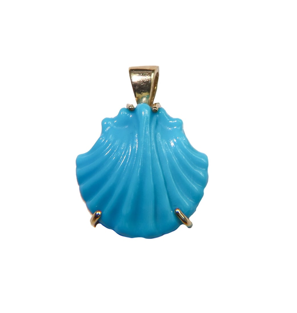 14k Yellow Gold and Turquoise Shell Necklace Pendant: 14k Yellow Gold and Turquoise Shell Necklace Pendant. Shell Pendant. Marked 14k to back with indistinguishable maker mark. Weight Approx., 2.72 grams Measures Approx., 1 inch x 0.75 inches x 0.02 inch