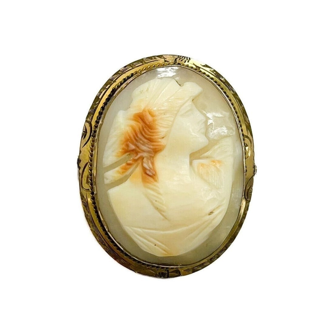 Hand Carved Shell Cameo Pin Brooch: Hand Carved Shell Cameo Pin Brooch. High relief portrait of a woman with long wavy hair. Gold metal frame with etched swirls and gadroon trim. Weight Approx., 12 grams Measures Approx., 1.6 inches x 1