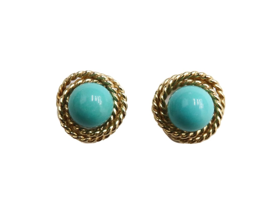 14k Yellow Gold and Turquoise Roped Frame Stud Earrings: 14k Yellow Gold and Turquoise Roped Frame Stud Earrings. The turquoise beads measuring approximately 7.22mm. Gold rope texture to frame. Marked for 14k gold. Weight Approx., 2.6 grams. Measures Approx
