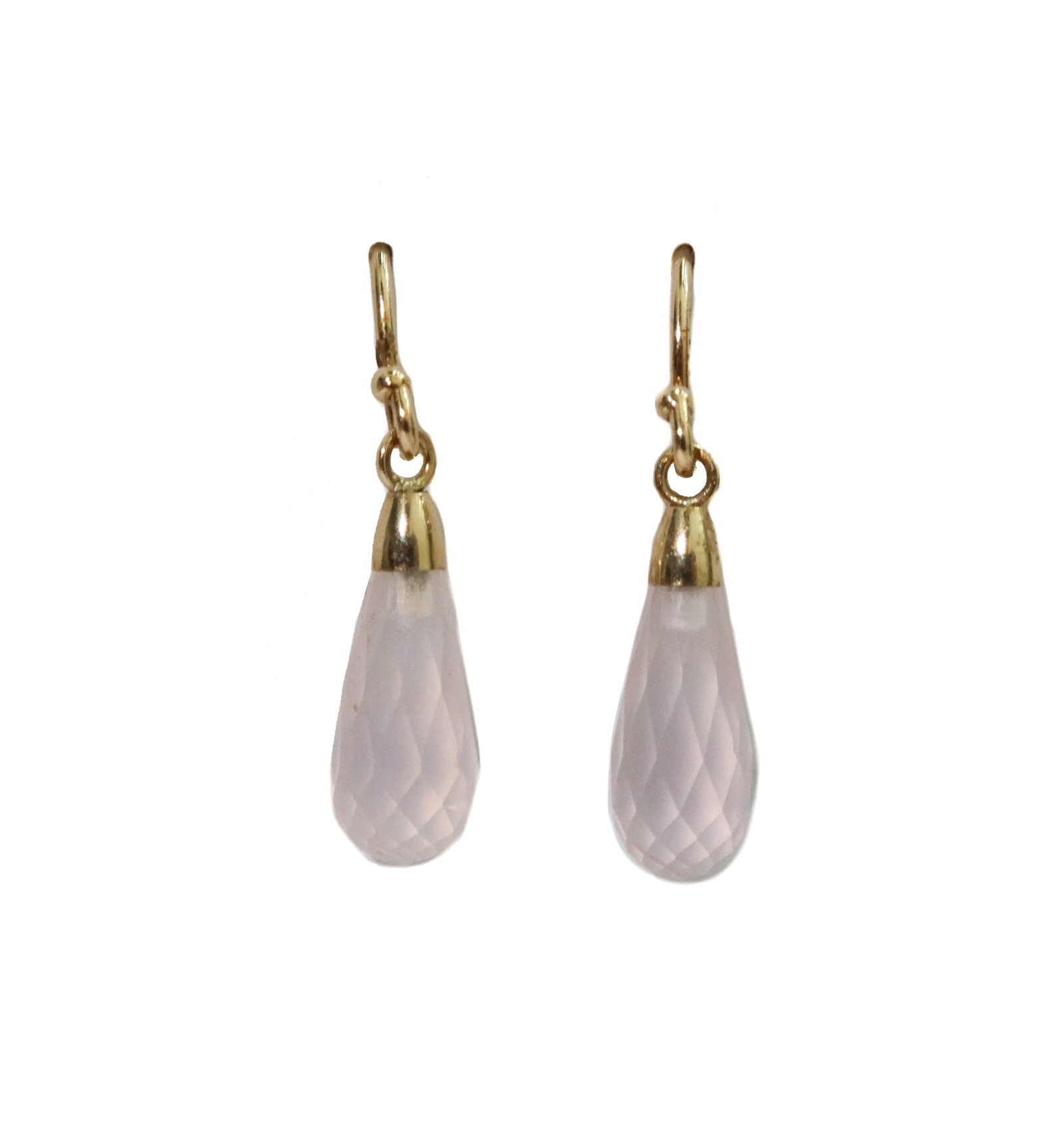 14k Yellow Gold and Rose Quartz Dangle Drop Earrings: 14k Yellow Gold and Rose Quartz Dangle Drop Earrings. Teardrop faceted rose quartz measuring approximately 13.19mm x 5.12mm. Marked for 14k. Weight Approx., 1.41 grams Measures Approx., 1 inch x 0.5 i