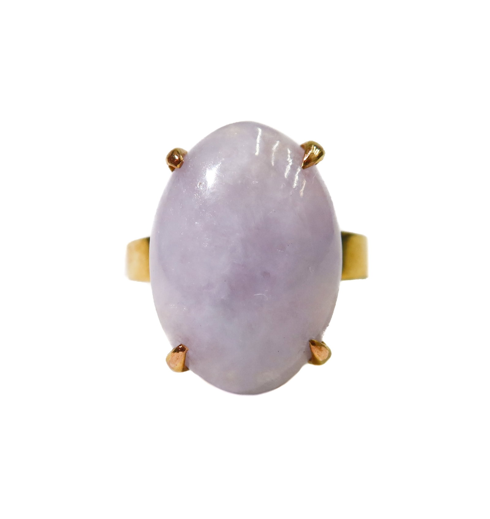 14k Yellow Gold and Oval Cabochon Lavender Jade Ring Size 5: 14k Yellow Gold and Oval Cabochon Lavender Jade Ring Size 5. Lavender jade measuring approximately 17.5mm x 12.32mm x 5.15mm. Marked 14k to band with Hong Kong maker mark. Weight Approx., 4.52 grams M