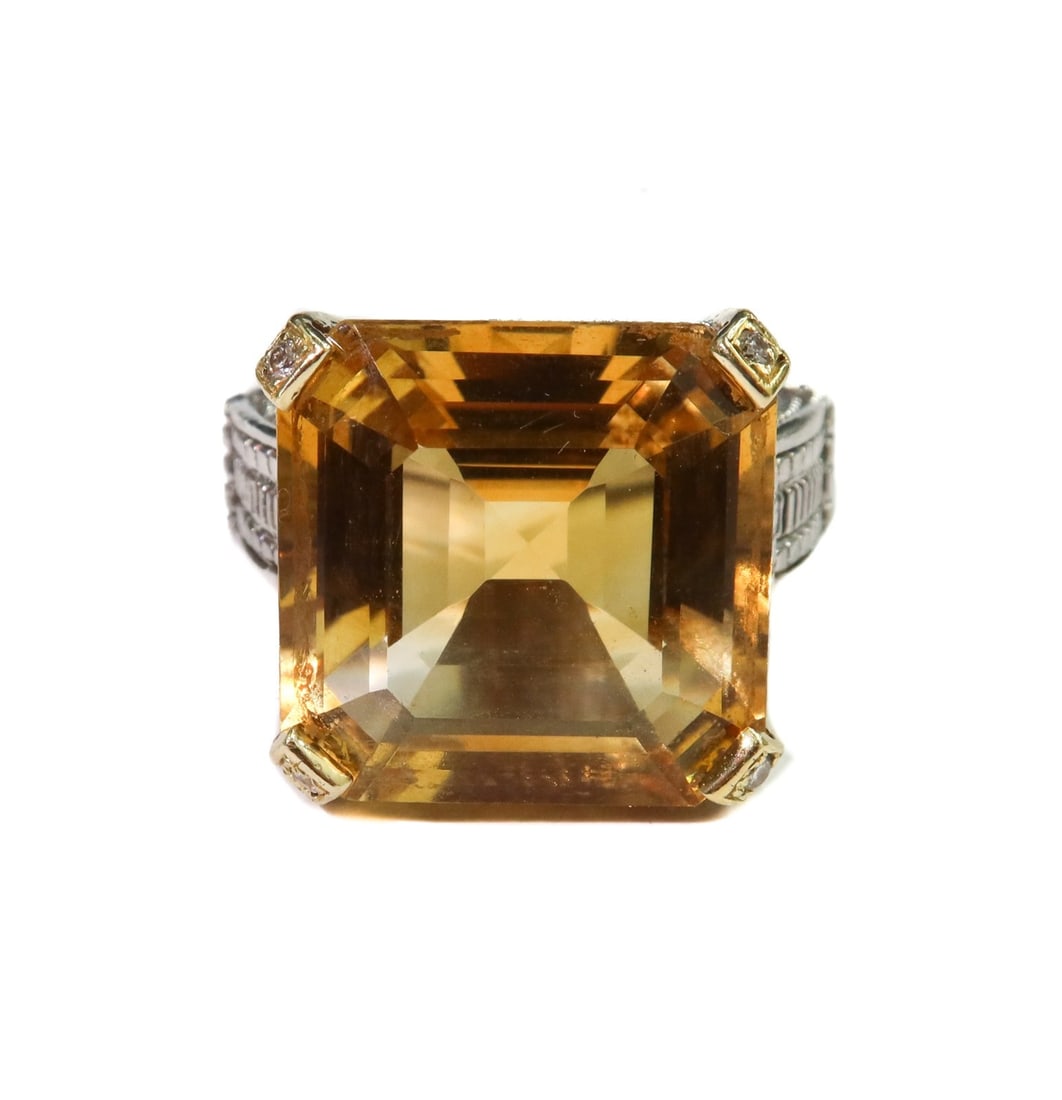 Sterling Silver and 18k Yellow Gold Diamond and Citrine Ring Size 6: Sterling silver and 18k yellow gold diamond and citrine ring, Size 6. Asscher cut citrine measuring 16mm x 16mm x 8.5mm and weighing around 13.3 carats. Sterling silver band with yellow gold and diamo