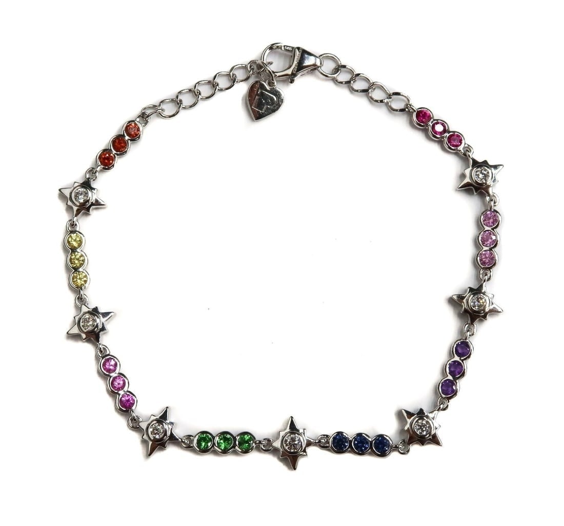 Eden Presley 14k White Gold Diamond and Multi Colored Sapphires Rainbow Stars Bracelet: Eden Presley 14k White Gold Rainbow Stars Necklace. 7 round cut diamonds to the center of the star spacers weighing approximately 0.21 carats. Various multi-colored orange, yellow, pink green, blue, p