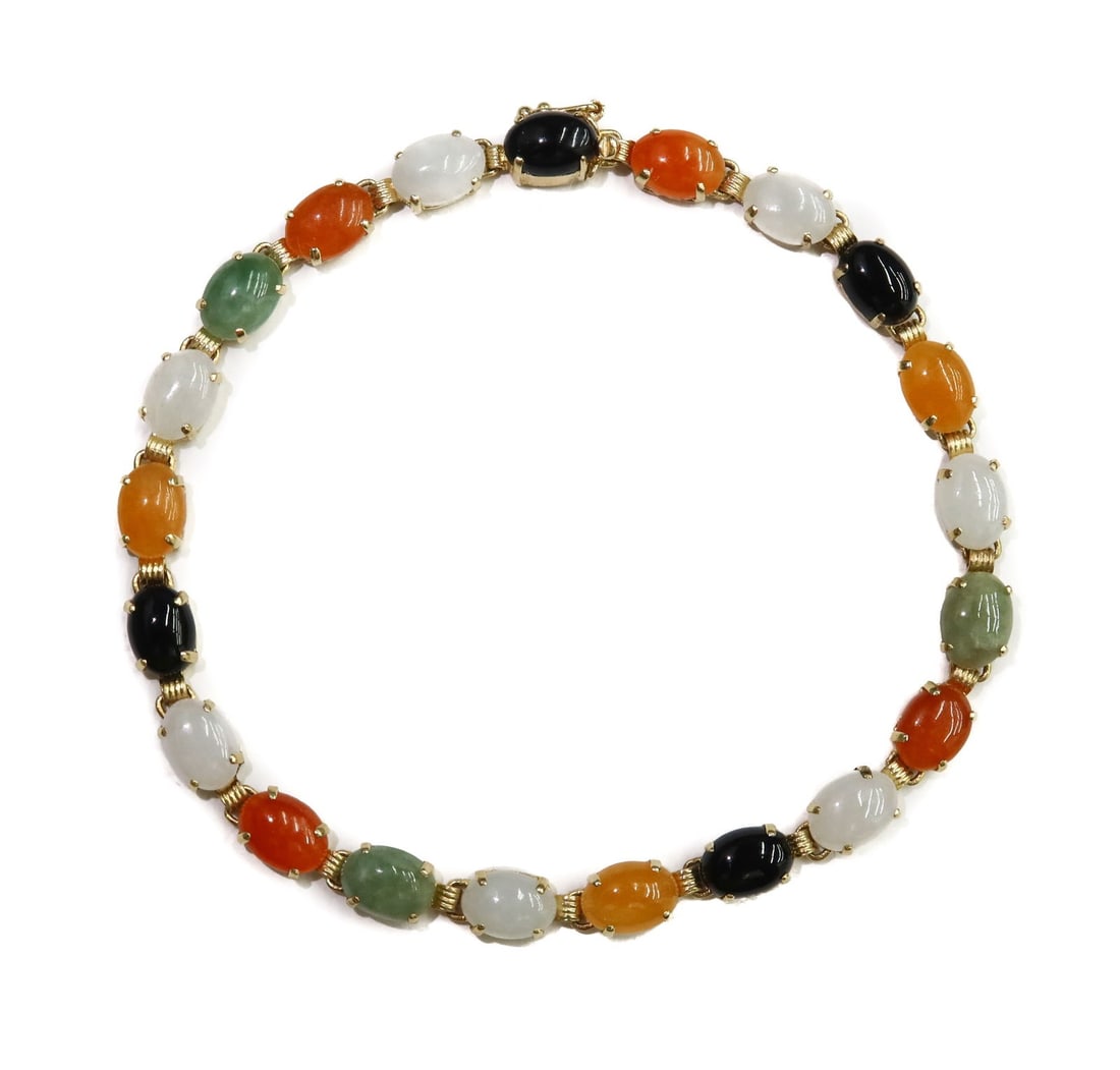 14k Yellow Gold Onyx and Multi-Colored Jade Cabochon Link Bracelet: 14k Yellow Gold Onyx and Multi-Colored Jade Cabochon Link Bracelet. Multicolored green, white, yellow, and red/orange jade with onyx to the bracelet. Each measures approximately 7.2mm x 5.1mm x 2mm. M