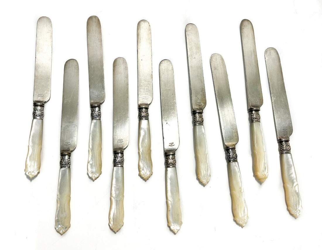 10 English Sterling Silver and Mother of Pearl Dinner Knives, circa 1900 (1 of 5)