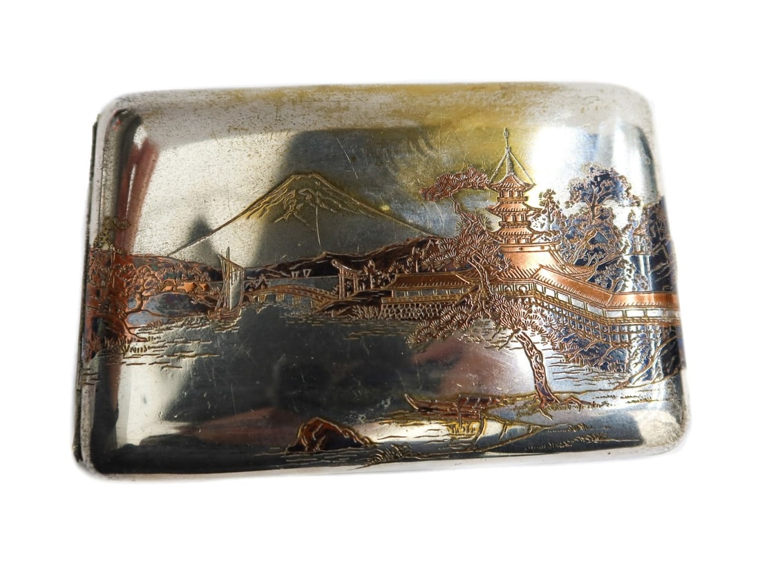 Japanese Mixed Metal Sterling Silver Cigarette Case Mount Fuji circa 1920 (1 of 8)